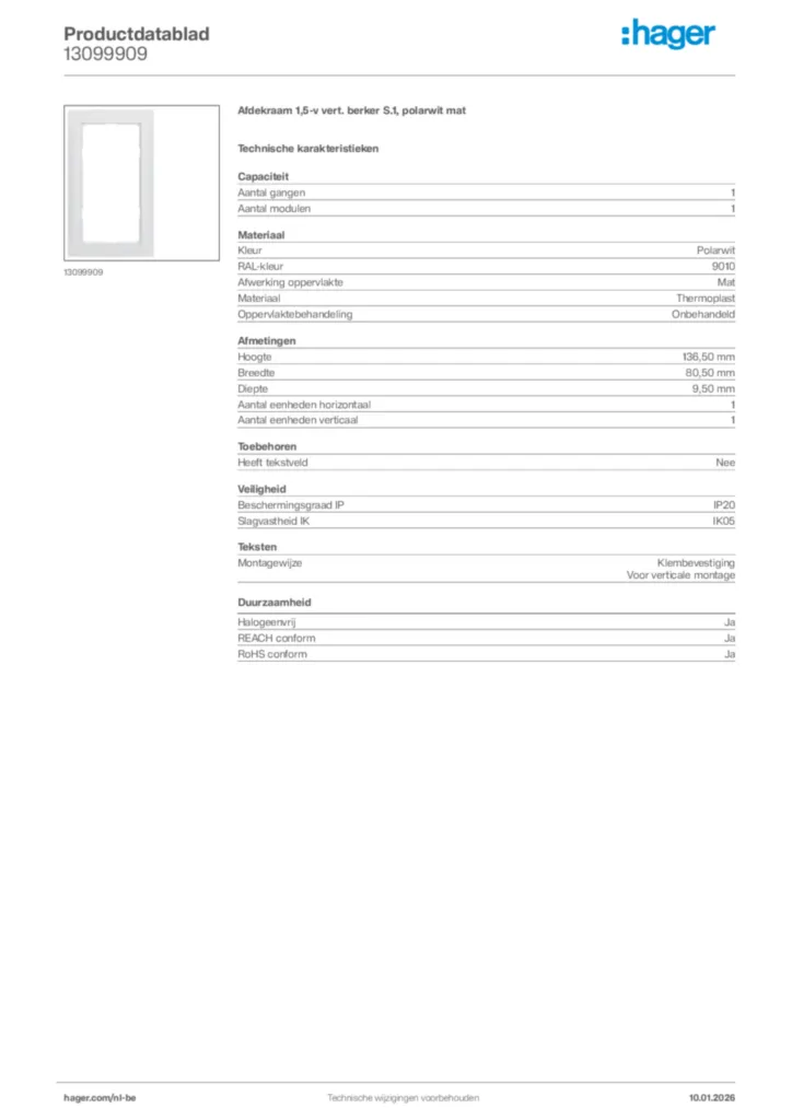 Afbeelding Hager Productdatablad 13099909 | Hager Belgium