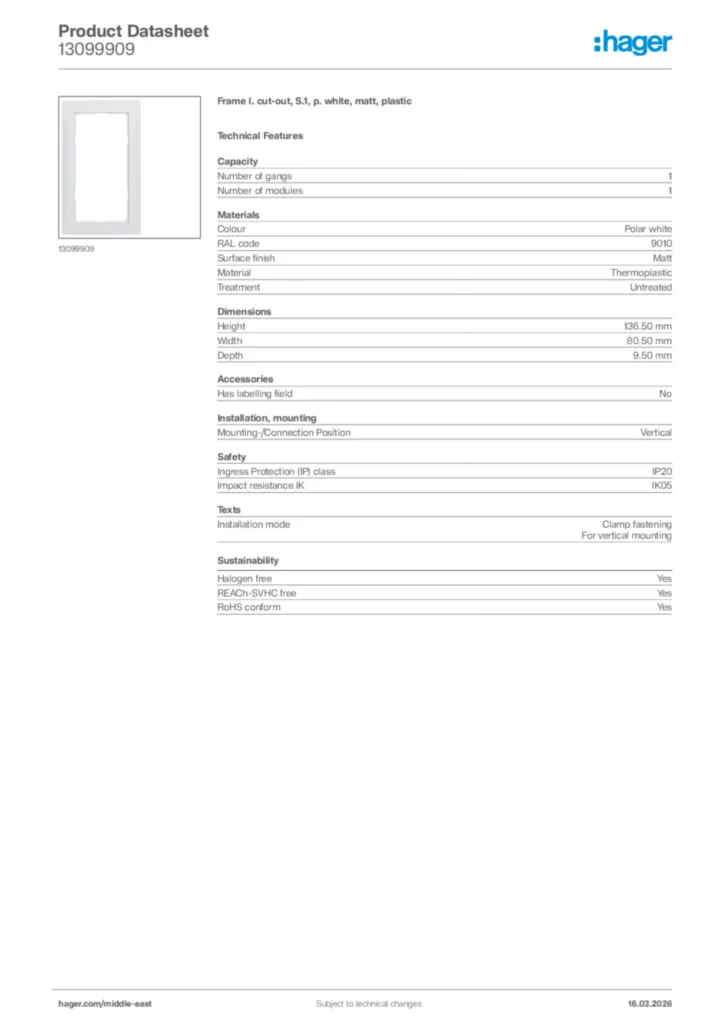 Image Hager Product data sheet 13099909  | Hager