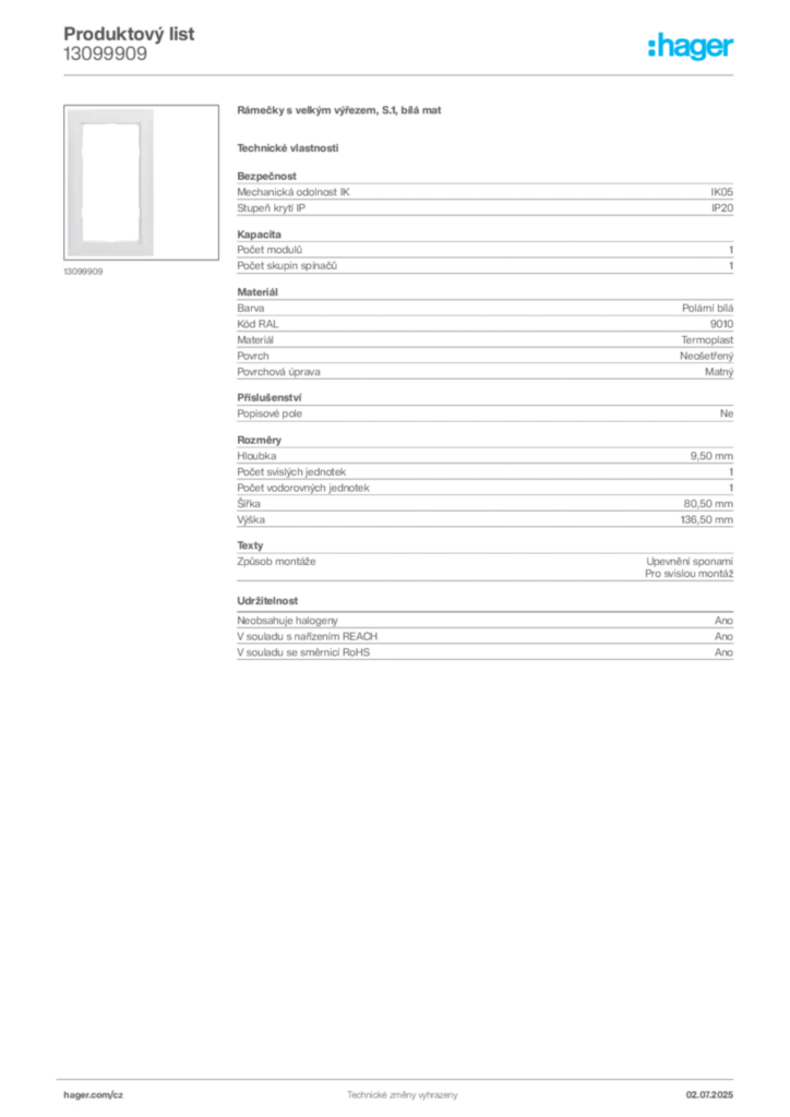 Obrázek Hager Produktový list 13099909 | Hager