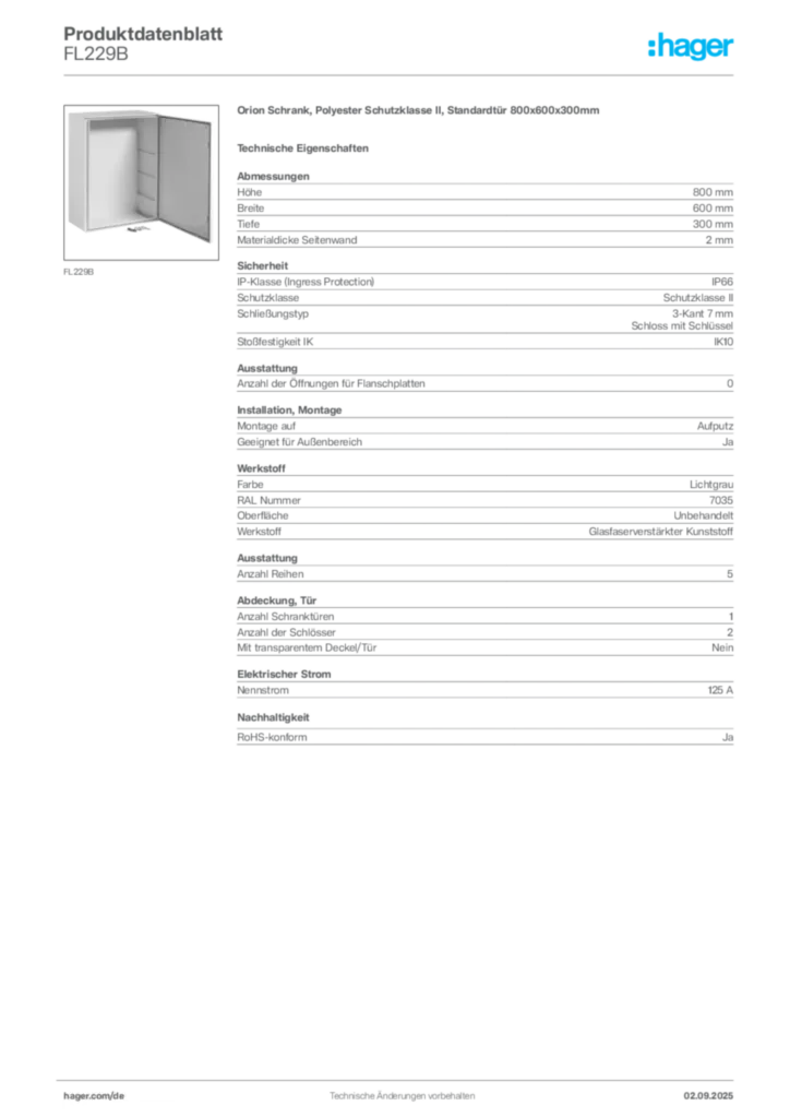 Hager Produktdatenblatt FL229B
