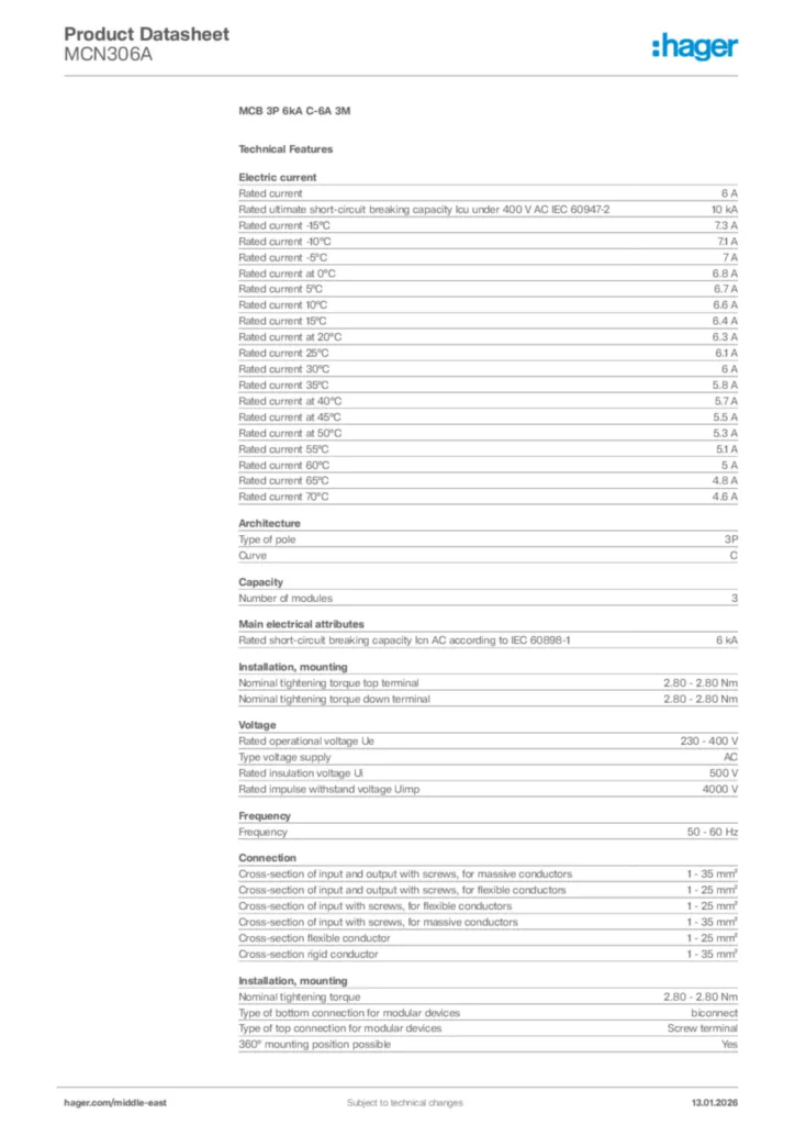 Image Hager Product data sheet MCN306A  | Hager