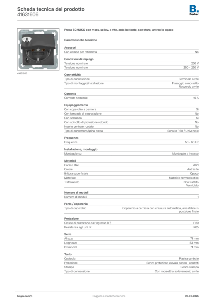 Immagine Berker Scheda tecnica del prodotto 41631606 | Hager Italia
