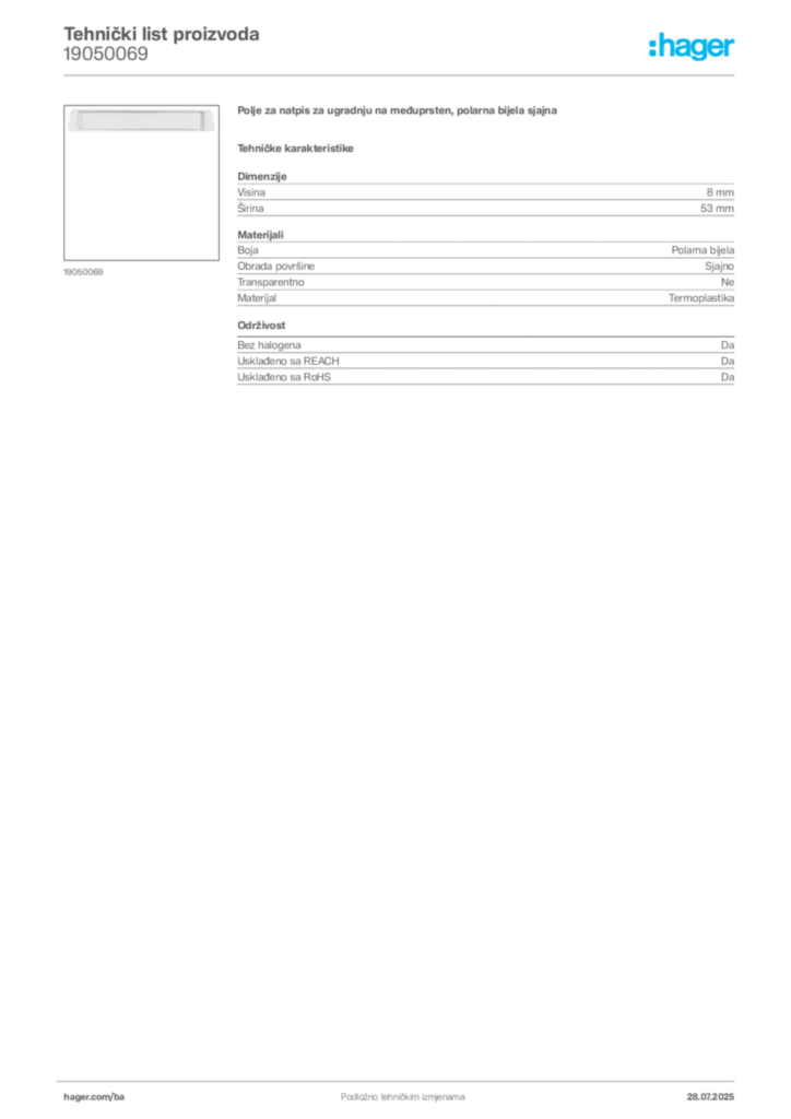 Slika Hager Product data sheet 19050069  | Hager
