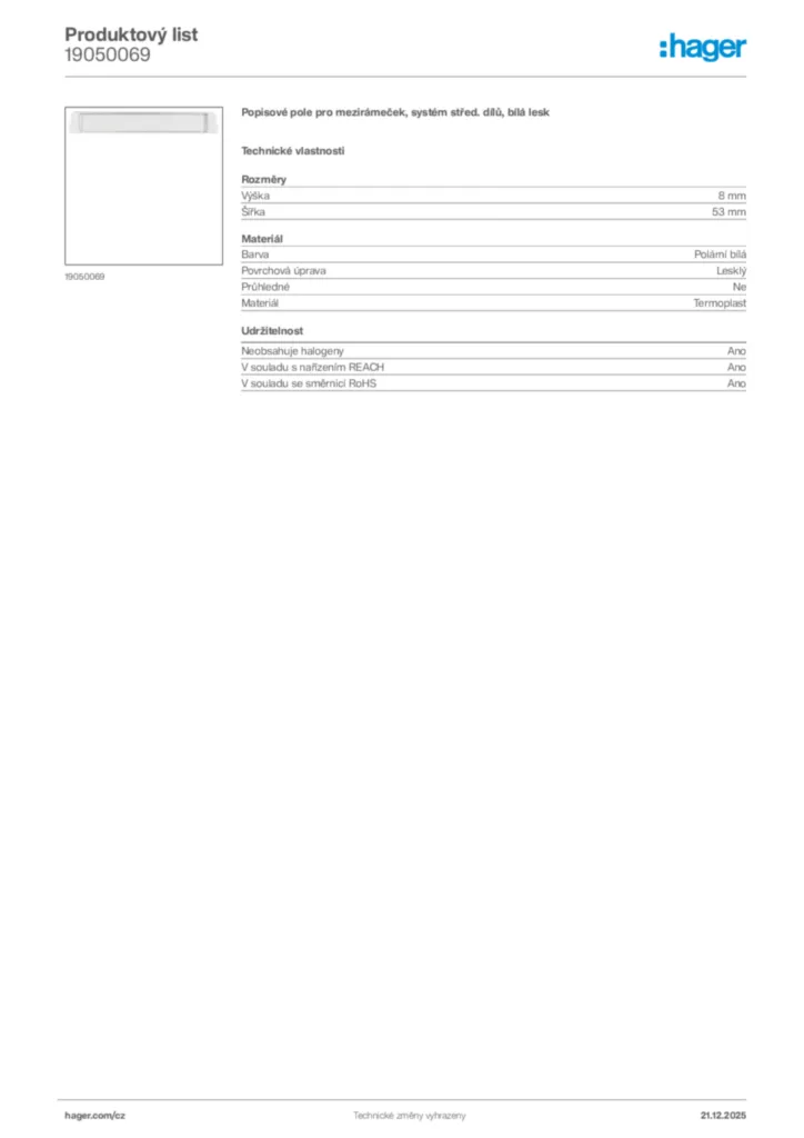 Obrázek Hager Produktový list 19050069 | Hager