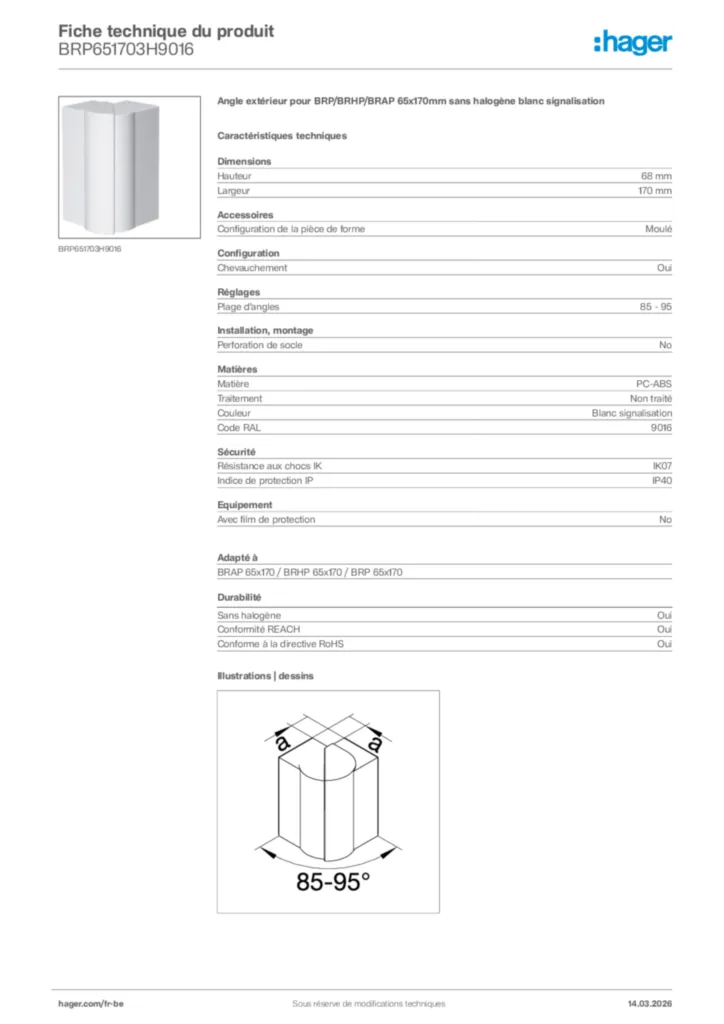 Image Hager Fiche technique du produit BRP651703H9016 | Hager Belgique