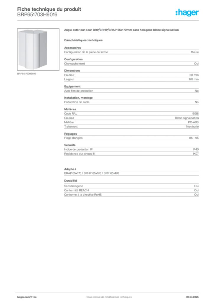 Image Hager Fiche technique du produit BRP651703H9016 | Hager Belgique