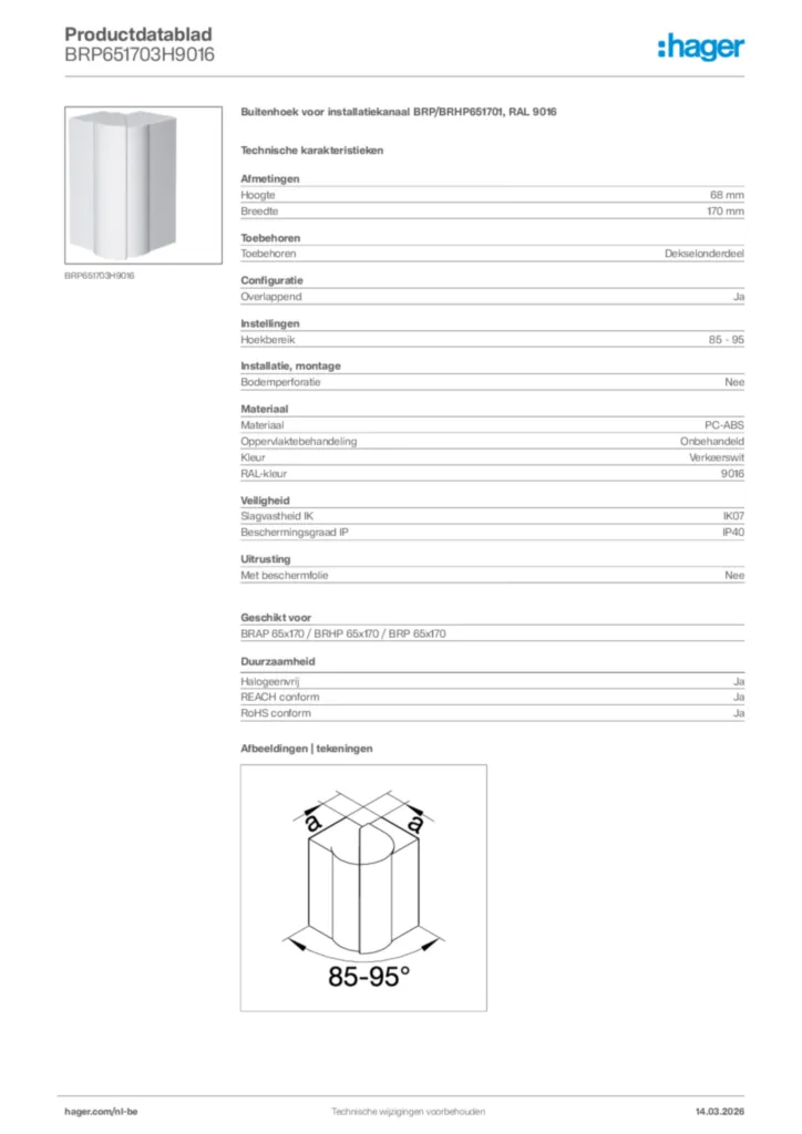 Afbeelding Hager Productdatablad BRP651703H9016 | Hager Belgium