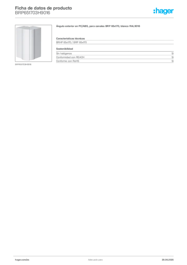 Imagen Hager Ficha de datos de producto BRP651703H9016 | Hager España