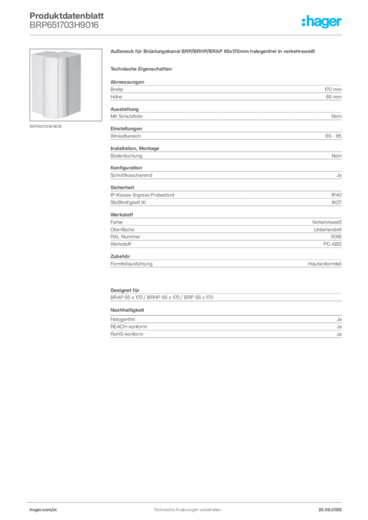 Bild Hager Produktdatenblatt BRP651703H9016 | Hager Deutschland