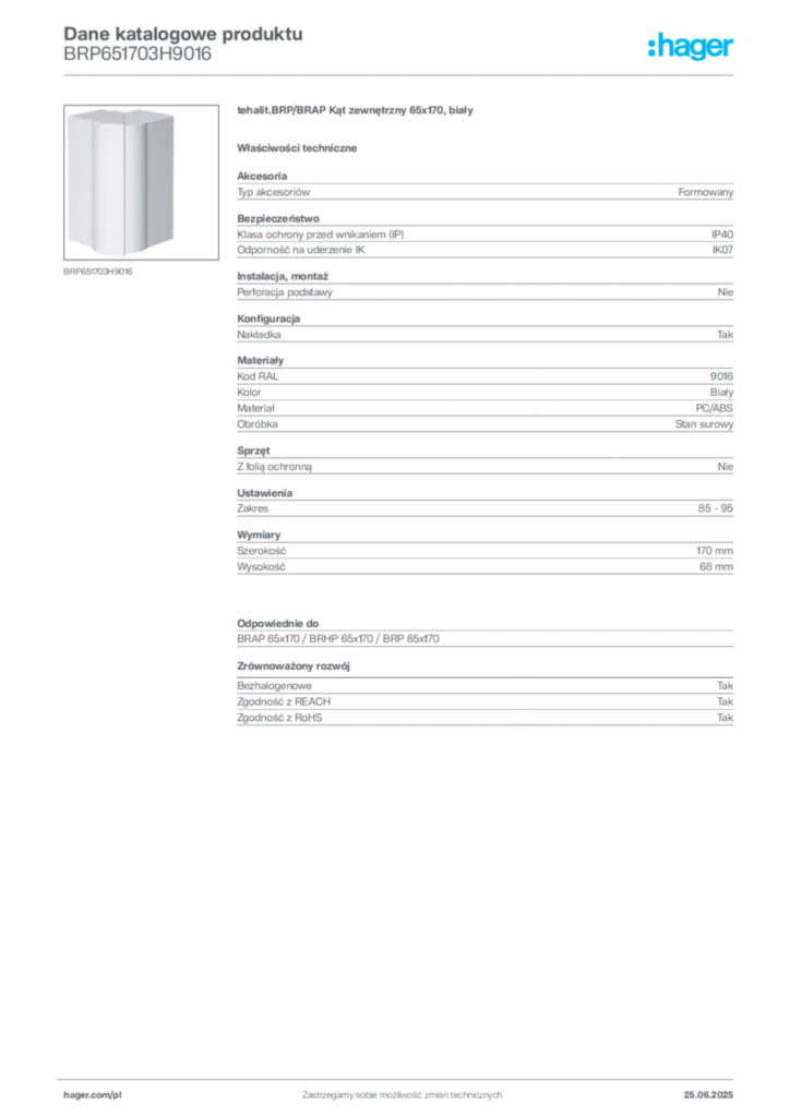 Zdjęcie Hager Dane katalogowe produktu BRP651703H9016 | Hager Polska