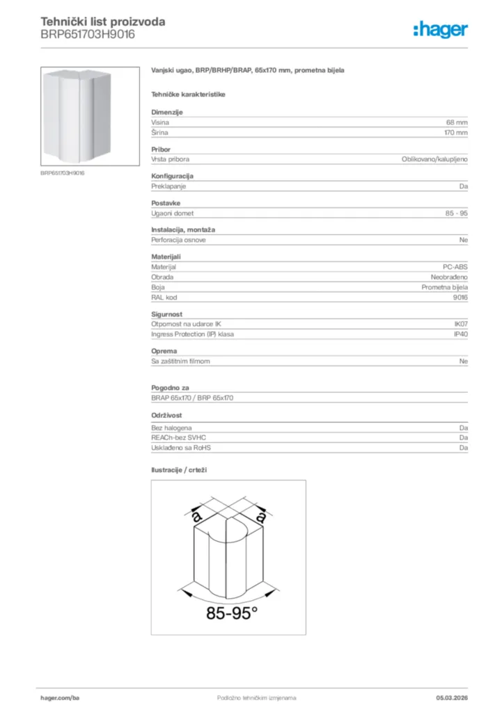 Slika Hager Tehnički list proizvoda BRP651703H9016  | Hager