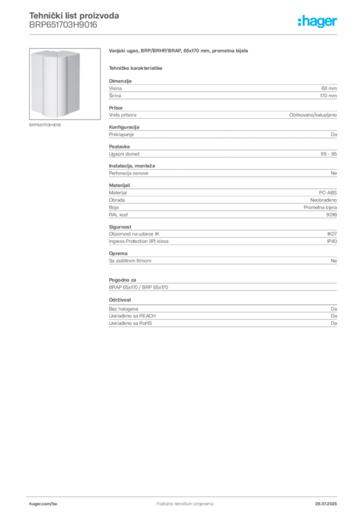 Slika Hager Product data sheet BRP651703H9016  | Hager