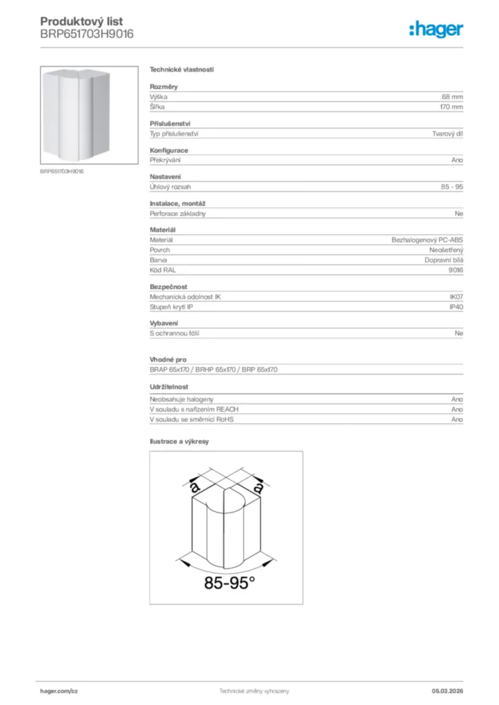Obrázek Hager Product data sheet BRP651703H9016 | Hager