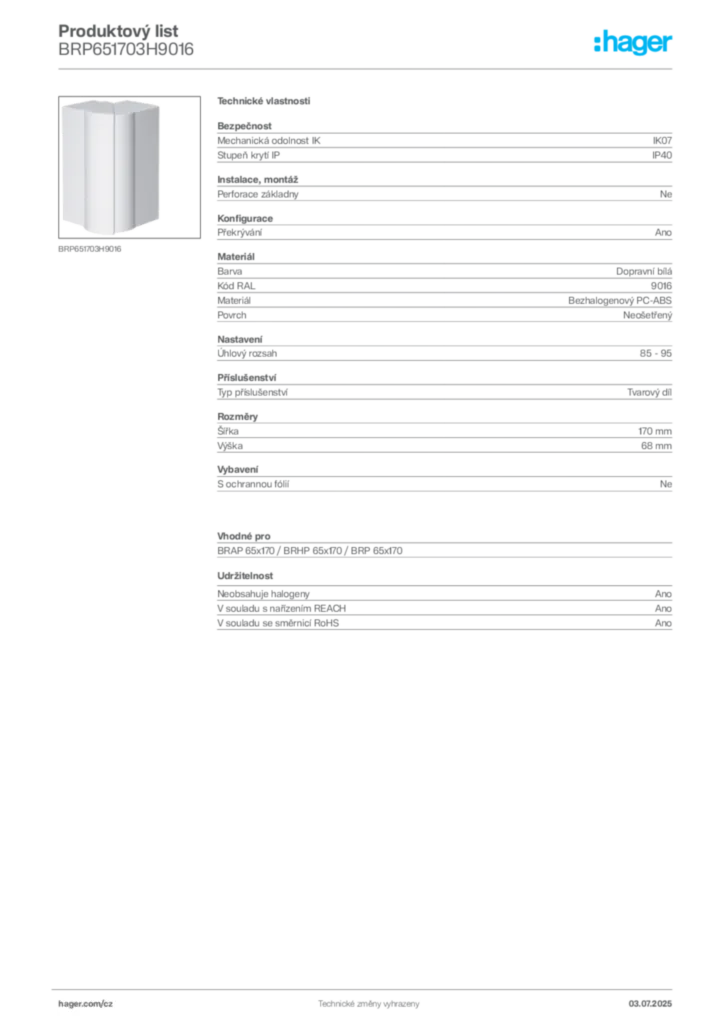 Obrázek Hager Produktový list BRP651703H9016 | Hager