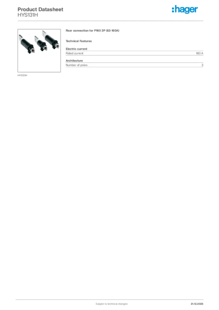Image Hager Product data sheet HYS131H  | Hager Africa