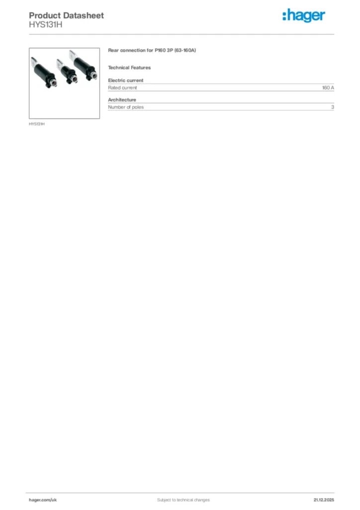 Image Hager Product data sheet HYS131H  | Hager