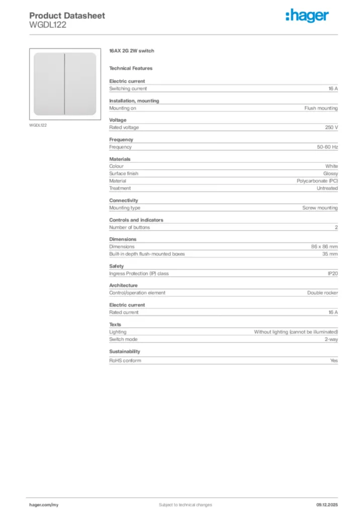 Image Hager Product data sheet WGDL122  | Hager