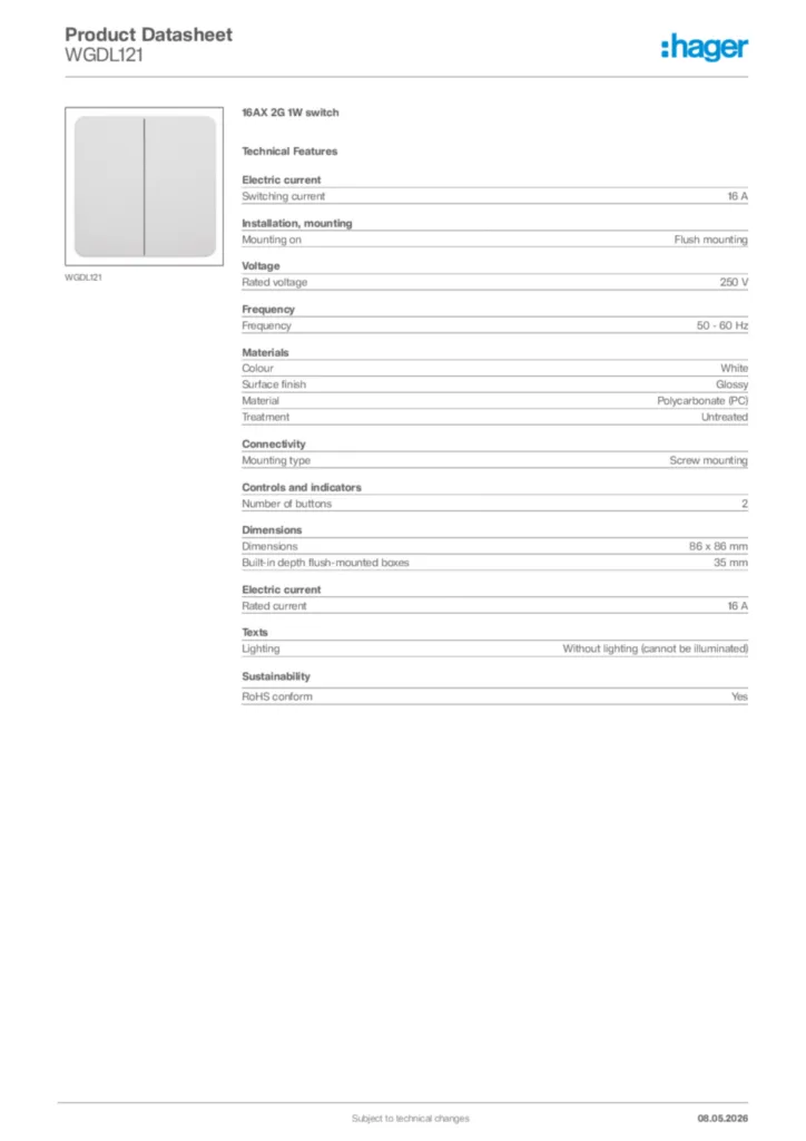 Image Hager Product data sheet WGDL121  | Hager