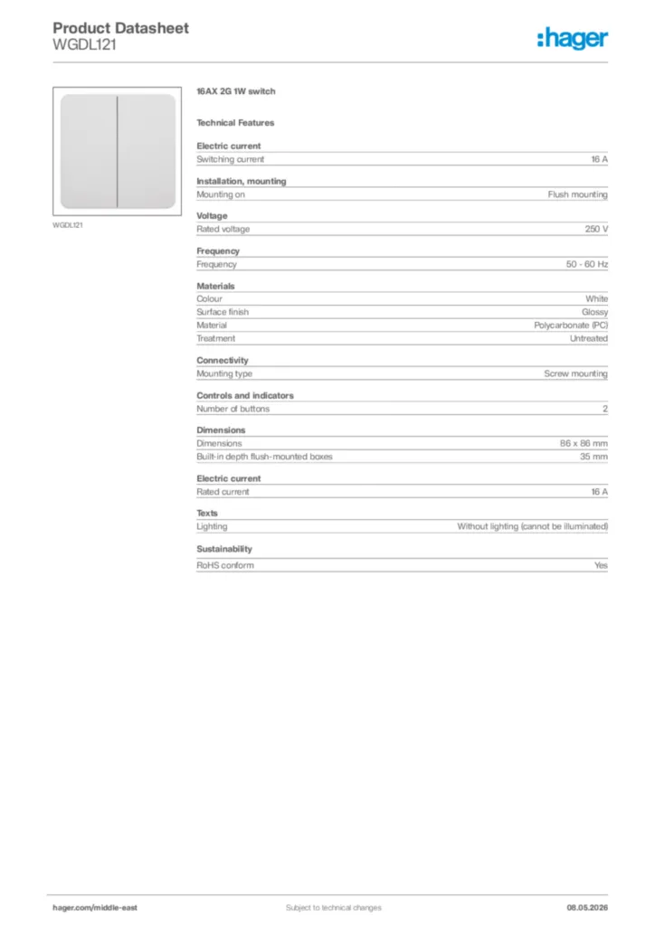 Image Hager Product data sheet WGDL121  | Hager