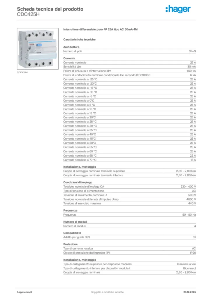 Immagine Hager Scheda tecnica del prodotto CDC425H | Hager Italia