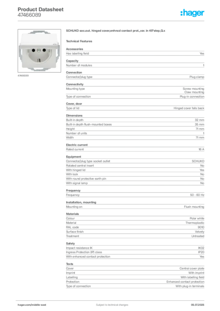 Image Hager Product data sheet 47466089  | Hager