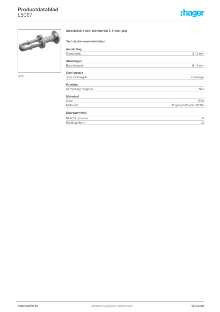 Afbeelding Hager Productdatablad L5067 | Hager Belgium