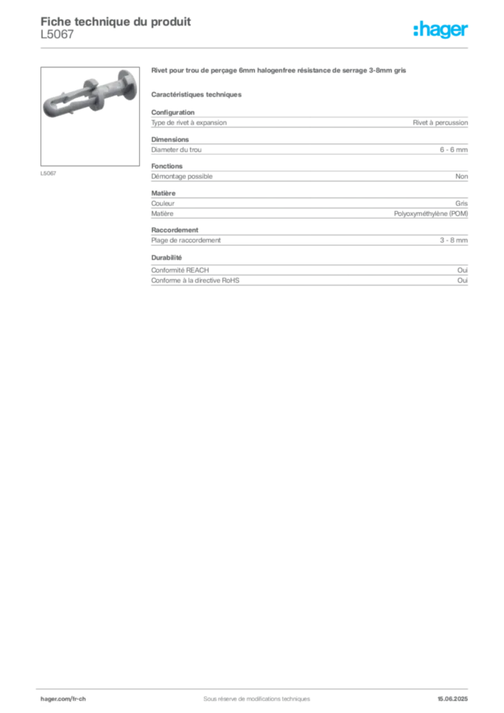 Image Hager Fiche technique du produit L5067 | Hager Suisse