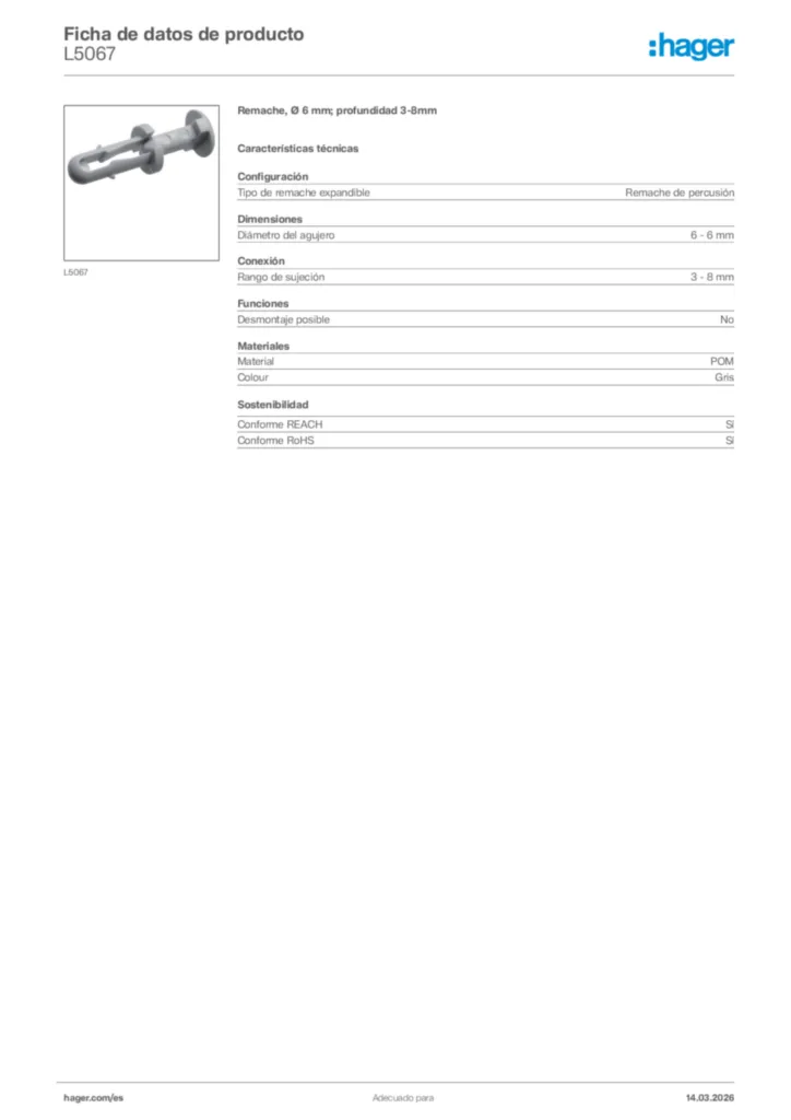 Imagen Hager Ficha de datos de producto L5067 | Hager España