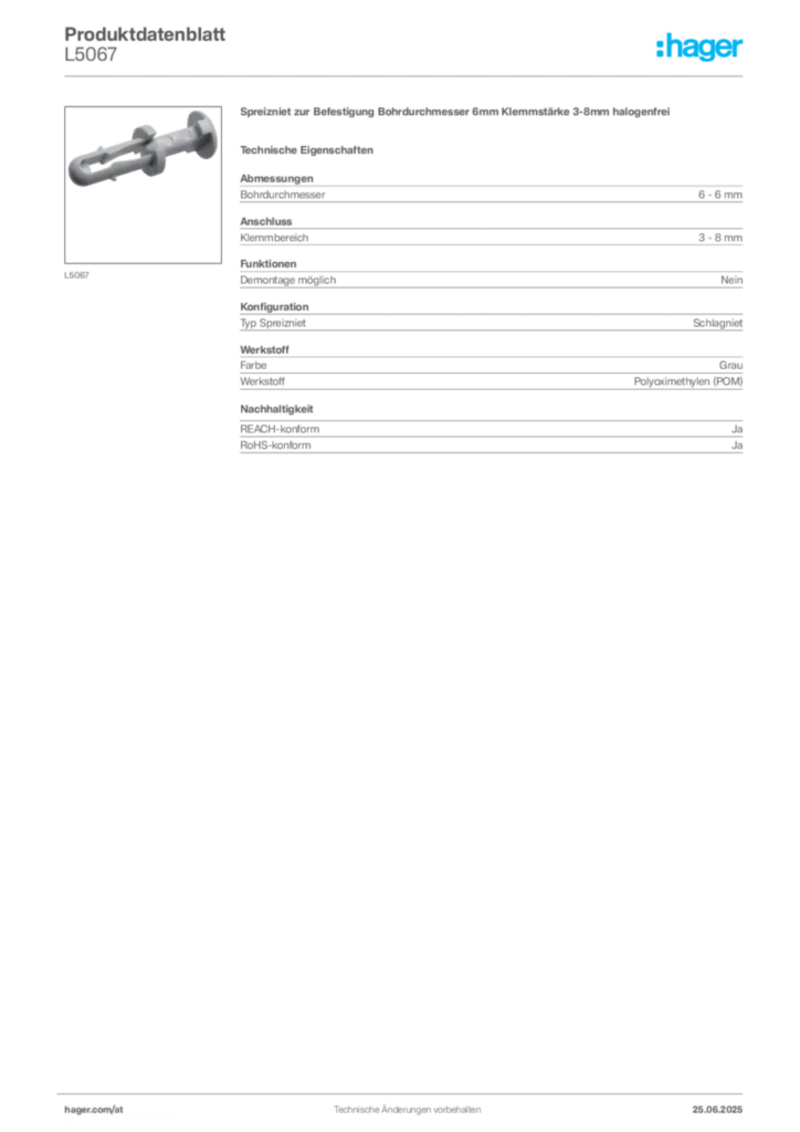 Bild Hager Produktdatenblatt L5067 | Hager Deutschland