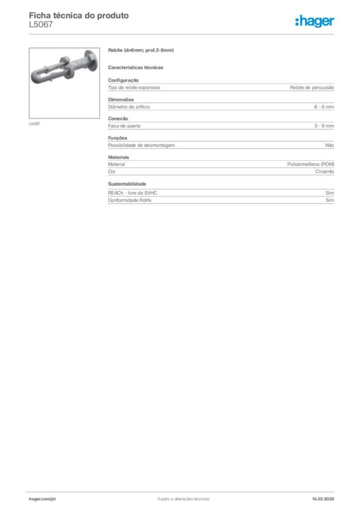 Imagem Hager Ficha técnica do produto L5067 | Hager Portugal