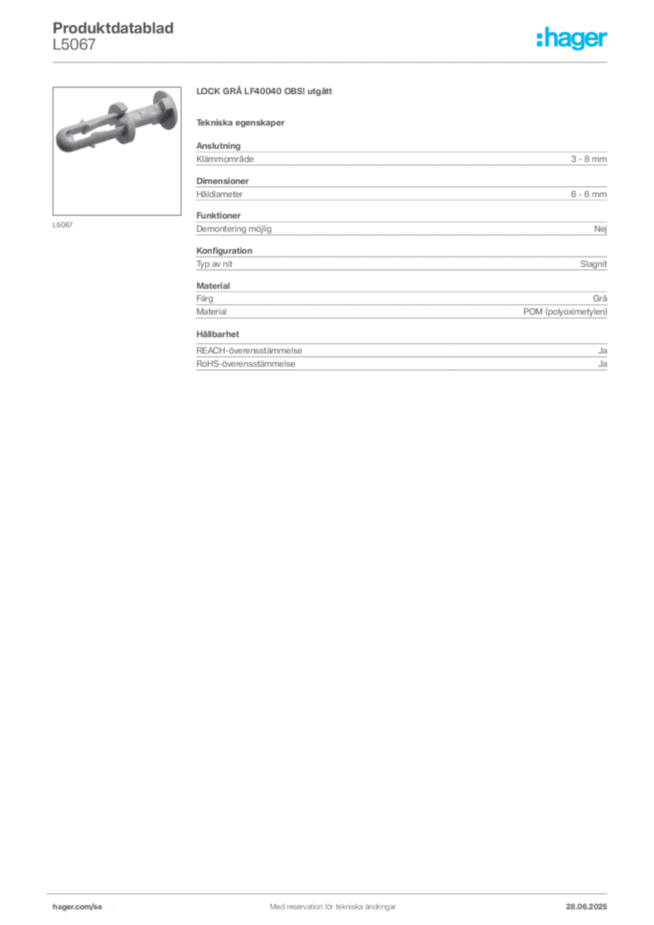 Bild Hager Produktdatablad L5067 | Hager Sverige