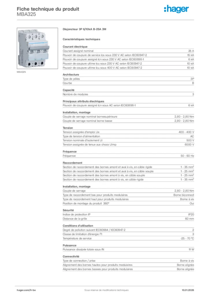 Image Hager Fiche technique du produit MBA325 | Hager Belgique