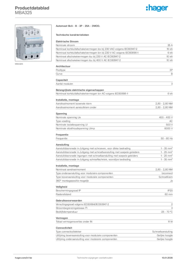 Afbeelding Hager Productdatablad MBA325 | Hager Belgium