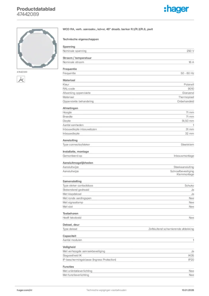 Afbeelding Hager Productdatablad 47442089 | Hager Nederland