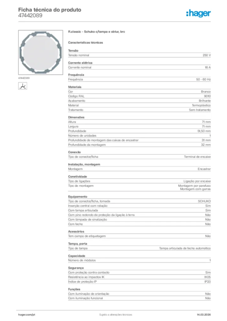 Imagem Hager Ficha técnica do produto 47442089 | Hager Portugal