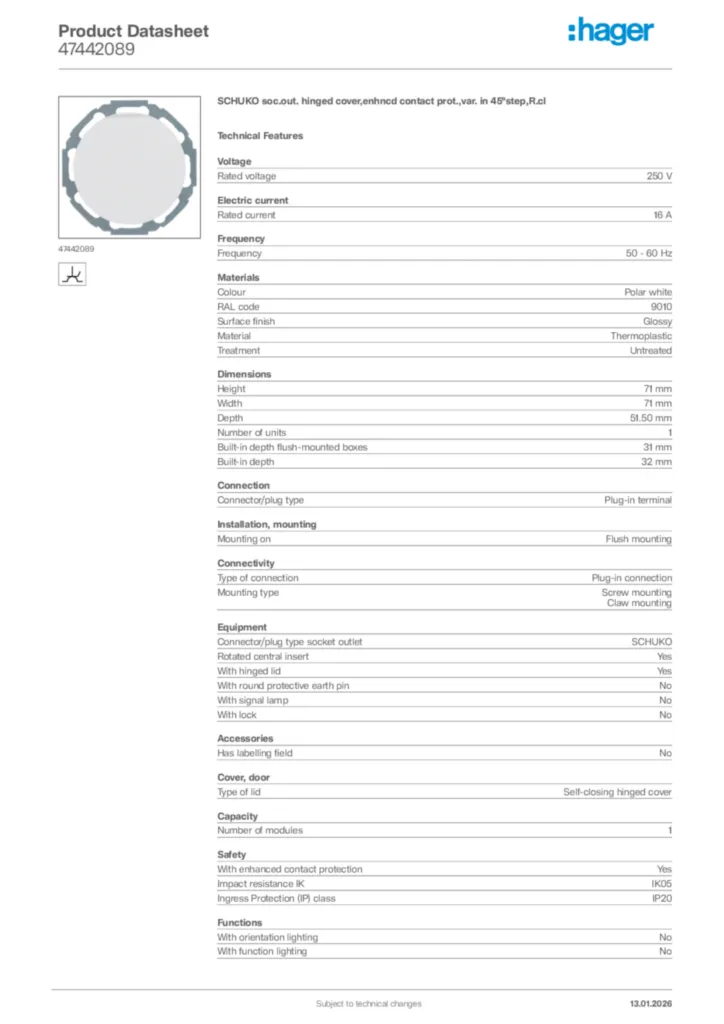 Image Hager Product data sheet 47442089  | Hager