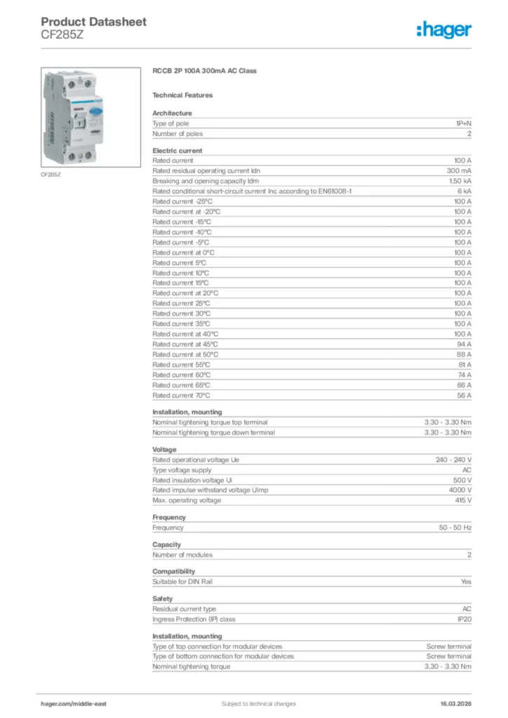 Image Hager Product data sheet CF285Z  | Hager