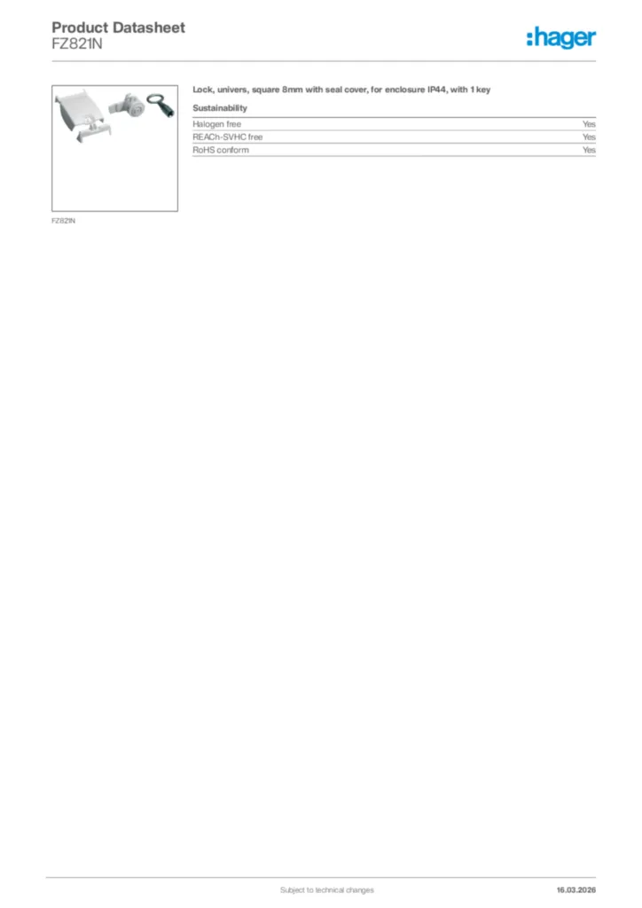 Image Hager Product data sheet FZ821N  | Hager Africa