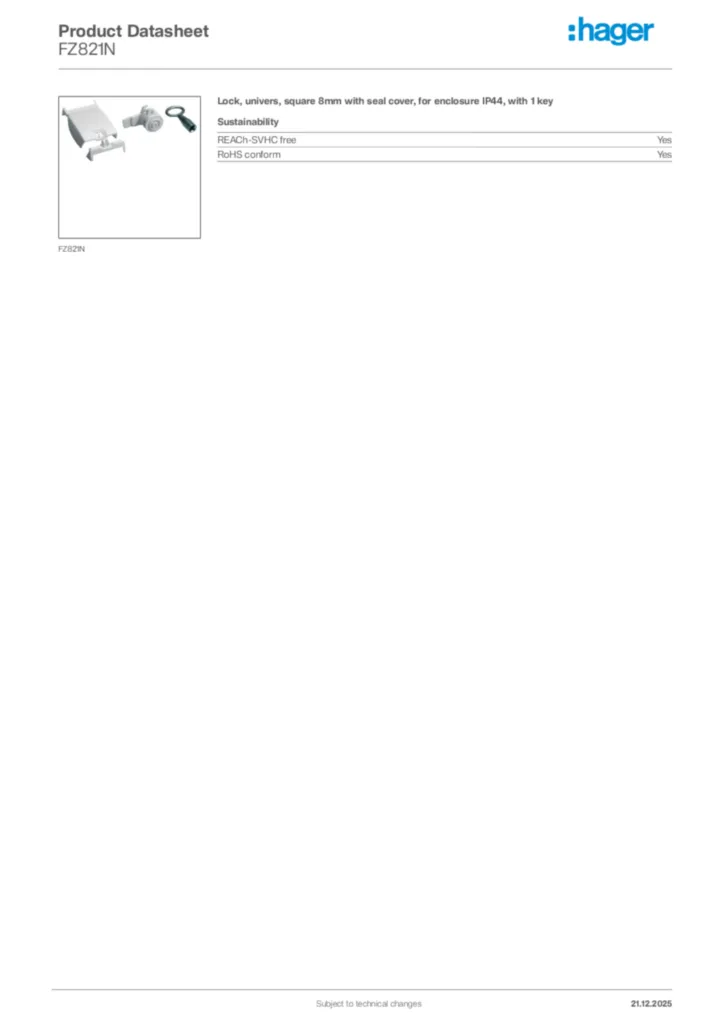 Image Hager Product data sheet FZ821N  | Hager Africa