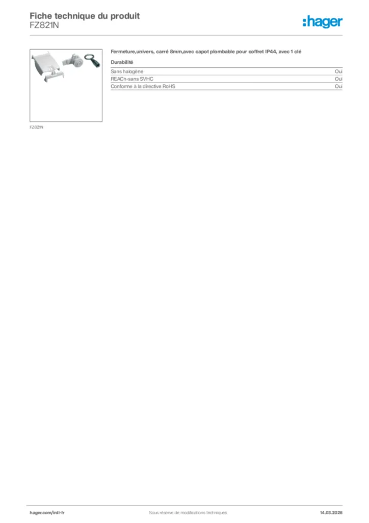 Image Hager Fiche technique du produit FZ821N | Hager Afrique