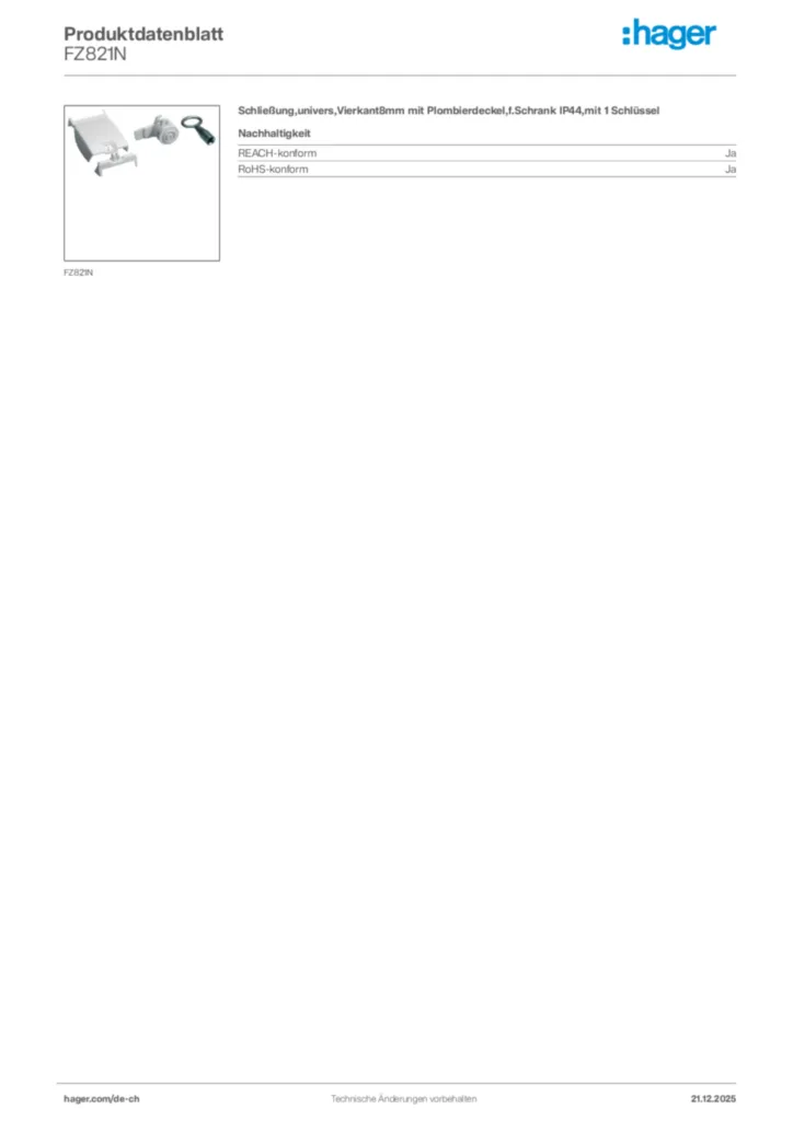 Bild Hager Produktdatenblatt FZ821N | Hager Schweiz