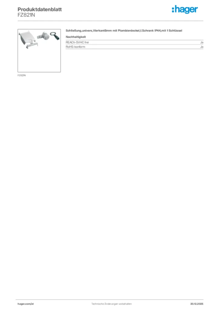 Bild Hager Produktdatenblatt FZ821N | Hager Deutschland