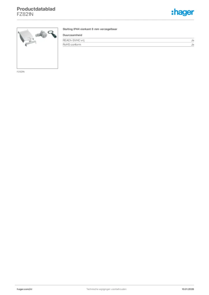 Afbeelding Hager Productdatablad FZ821N | Hager Nederland