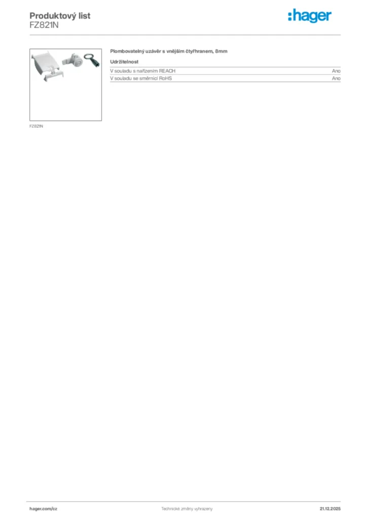 Obrázek Hager Produktový list FZ821N | Hager