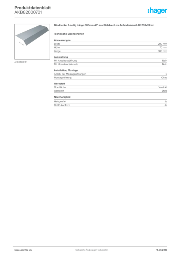 Bild Hager Produktdatenblatt AKB82000701 | Hager Schweiz