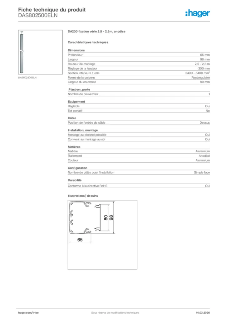 Image Hager Fiche technique du produit DAS802500ELN | Hager Belgique