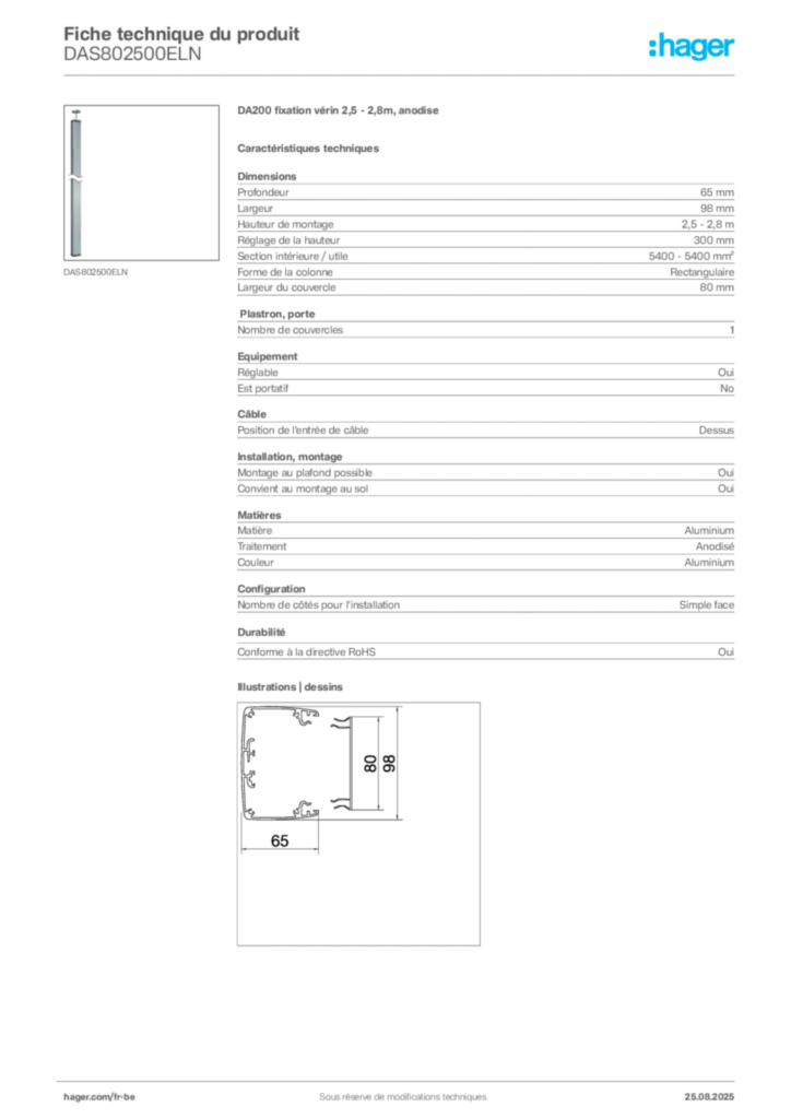 Image Hager Fiche technique du produit DAS802500ELN | Hager Belgique