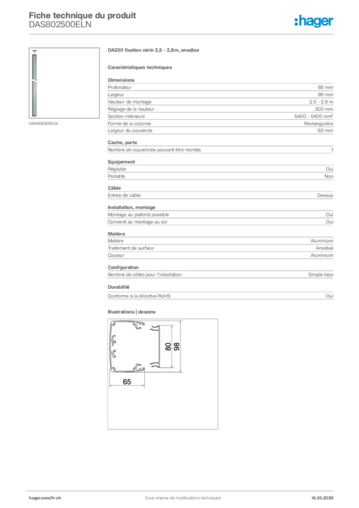 Image Hager Fiche technique du produit DAS802500ELN | Hager Suisse