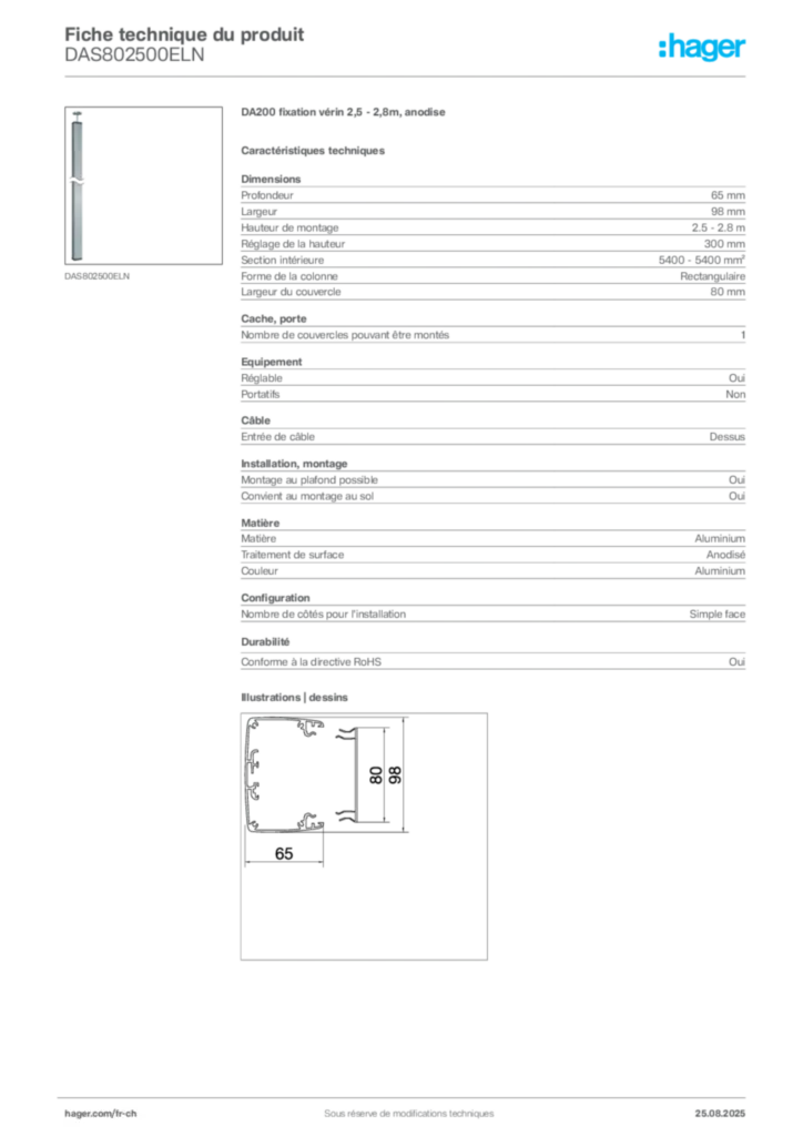 Image Hager Fiche technique du produit DAS802500ELN | Hager Suisse