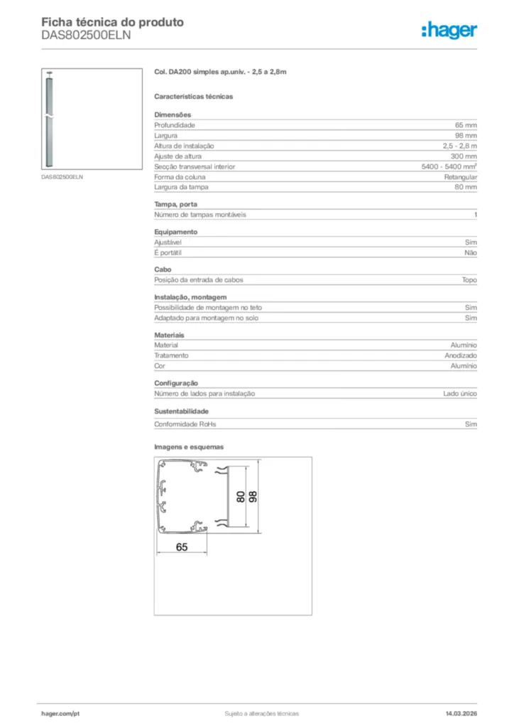 Imagem Hager Ficha técnica do produto DAS802500ELN | Hager Portugal